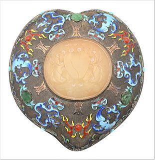 Chinese Silver Enameled Gourde Box, in the form of a gourde or heart, having carved jade plaque mounted on the lid, surrounded by enameled phoenix bir