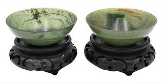 Pair of Spinach Green Jade Bowls, diameter 2 3/4 inches.