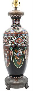 Large Cloisonne Vase, having flower and bird design, made into a table lamp, hardstone finial, height 22 1/2 inches.