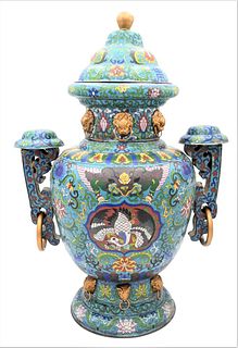 Large Champleve Covered Urn, having enameled scrolling vine and foliage, ring handles, height 26 inches, width 18 1/2 inches.
