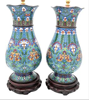 Pair of Cloisonne Vases, made into table lamps, vase height 14 inches, overall height 32 inches.