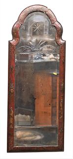 Rare William III Carved Chinoiserie Decorated Pier Mirror, in three parts, divided upright arched mirror plate, paint and wood damage at top, engraved