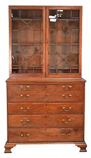 Chippendale Mahogany Butlers Secretary Desk, in two parts, upper section with two glazed doors, lower section with pullout desk over three drawers, on