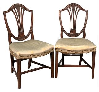 Pair of Hepplewhite Mahogany Side Chairs, mahogany with ash front and side seat rails and beech rear seat rail, each with shield shaped backs with car