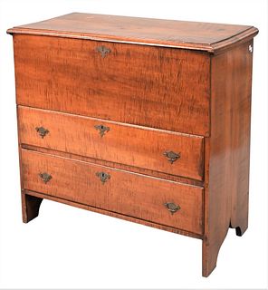 Tiger Maple Blanket Chest, having lift top over two drawers, set on boot jack ends, original snipe hinges and hardware, circa 1750, made in Massachuse
