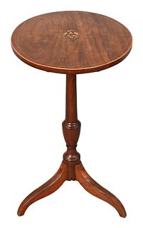 Federal Mahogany Tip Stand, eagle center panel inlay and line inlays, having oval top on urn turned shaft set on inlaid tripod base, made in New Jerse