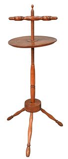 Candle Stand on Adjustable Shaft, with candle arm and round top on turned shaft on round turned base, turned legs, New England, possibly late 19th cen