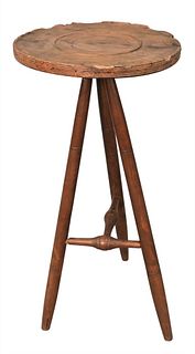 Walnut Candle Stand, having turned round top on three simple turned legs, supported by turned stretchers, (chips in top), height 27 1/16", top 13 1/2"