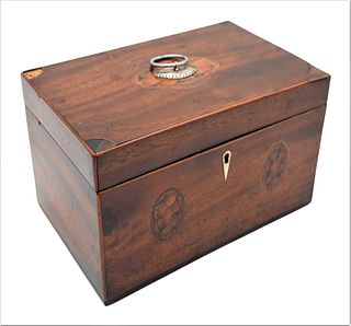Mahogany Inlaid Tea Caddy, having inlaid oval panels opening to two fitted compartments, height 4 1/2 inches, top 4 1/2" x 7 1/4".
