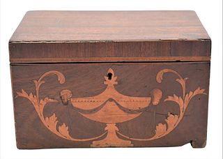 Mahogany Tea Box, having two interior cover, inlaid urn and scroll front, height 5 1/4 inches, length 8 3/4 inches. Provenance: Estate of Wallace Brad