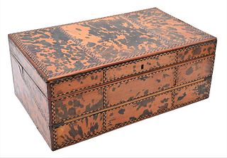 Inlaid Tortoise Shell Lap Desk, having two fold opening to leather writing surface and compartments, height 7 1/4 inches, top 11 x 18 1/2 inches.