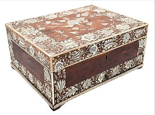 Mahogany Inlaid Lap Desk, having ivory inlaid blossoming flowers and vines, opening to a fitted interior, height 7 1/2 inches, top 12 1/2" x 16". Item