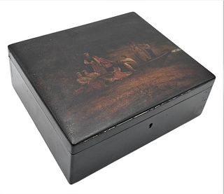 Large Russian Lacquered Square Box, having painted scene with figures getting off a boat on the over, opening to red lacquer interior, bearing two sta