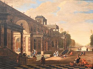 Attributed to Jacob Ferdinand Saeys (Flemish, 1658 - 1726), palace and garden with elegant figures, oil on canvas, 26" x 34 1/2", unsigned, relined an