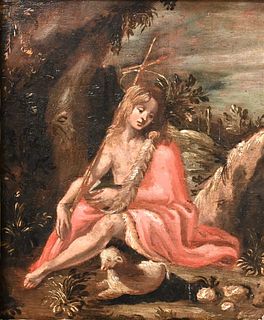 Attributed to Pier Francesco Mola (Italian, 1612 - 1666), young St. John the Baptist seated in a grotto, oil on panel, 8 7/8" x 7 1/4". Provenance: Pu