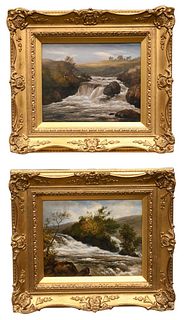 Edmund Gill (England, 1820 - 1894), pair of paintings, each titled "Waterfall" and dated 1885, oil on canvas, sight size 8" x 10", gilt frames 13 1/2"