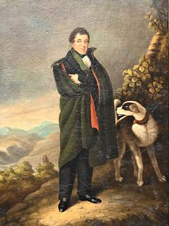 English School, 19th century, portrait of Daniel O'Connell, circa 1840, full length portrait accompanied by white hound, oil on canvas, sight size 24"