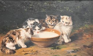 Alfred-Arthur Brunel De Neuville (1852 - 1941), kitten's drinking milk, oil on canvas, signed lower left Brunel Neuville, 16 1/2" x 26".