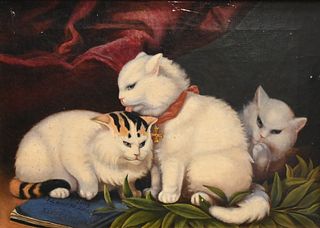 Artist Unknown, folk art painting of three kittens, oil on canvas, unsigned, 9 3/4" x 13 1/2".
