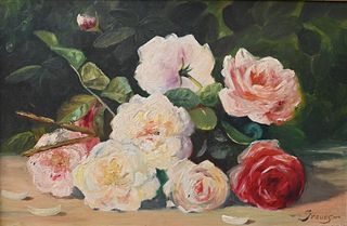 Abbott Fuller Graves (1859 - 1936), roses, oil on board, signed lower right Graves, 12" x 18".