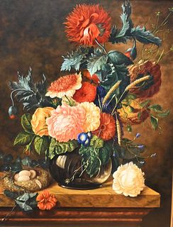 TM, Still Life with Flowers in a Vase and Bird's Nest, initialed with a conjoined monogram "TM" recto, lower left, sight size 24 1/2" x 19". Provenanc