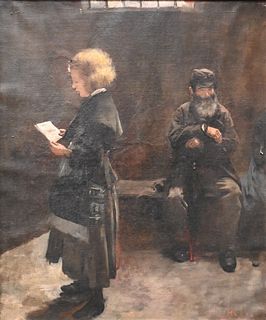 Henri Gervex (1852 - 1929), reading a letter to a gentleman on a bench, oil on canvas, signed H. Gervex lower right, tag on back, sale #7831, January 