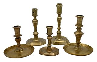 Five Early Brass Candlesticks, tallest 7 1/2 inches.