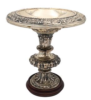 Continental Silver Compote, monogrammed To John Grant as her Majesty's Inspector of Police 1872, handles missing, height 13 1/2 inches, net 49 t.oz. w