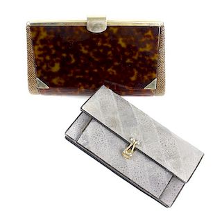 Two clutch bags. To include an imitation tortoiseshell example, designed with an acrylic exterior sh