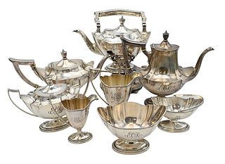 Eight Piece Sterling Silver Tea and Coffee Set, by Gorham, to include a tilting hot water pot, height 8 1/4 inches without handle; coffee pot; teapot,