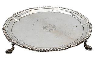 Silver Salver, having gadrooned edge on three feet, England, probably John Carter 1772, diameter 5 1/2 inches, 5.1 t.oz.