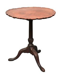 Mahogany Tip Table, having pie crust top on turned shaft, on tripod base, 18th century, height 26 1/2 inches, top 23" x 23 1/2". Provenance: Estate of