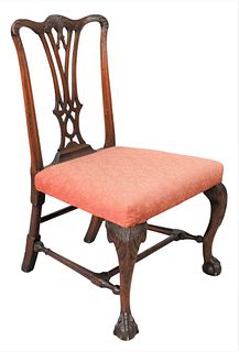 Chippendale Mahogany Side Chair, having pierced carved back, carved crest rail set on carved cabriole legs, ending in ball and claw feet, possibly May