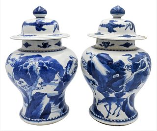 Pair of Chinese Blue and White Covered Temple Jars, 18th century, Kangxi period (1644 - 1722), decorated in vibrant cobalt blue with cranes and deer o