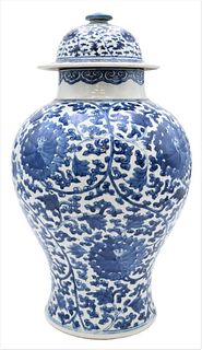 Chinese Blue and White Covered Temple Jar, 18th century, Kangxi period (1644 - 1722), baluster shape, decorated overall with chrysanthemum flowers and