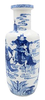 Chinese Blue and White Rouleau Vase, 19th century, decorated with warriors in landscape, Kangxi six-character regnal mark on base, height 18 1/2 inche