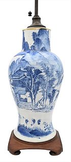Chinese Porcelain Blue and White Baluster Vase, having painted mountainous landscape with river and figures, vase height 16 inches, total height 27 1/