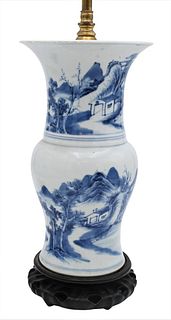 Chinese Blue and White Porcelain Vase, having painted landscape scene, made into a table lamp, vase height 11 inches, total height 24 1/2 inches. Prov