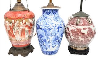 Three Piece Group of Japanese Porcelain, to include a satsuma vase having painted figures, height 11 inches; blue and white lobed vase having painted 