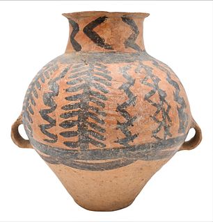 Chinese Neolithic Pottery Jar, possibly Majiayao culture, Banshan phase, circa 2,500 BCE, the buff body decorated in black with geometric zigzag and s