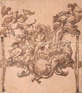 Roman School, 17th century or later, design for the rear of a carriage with Neptune and personifications of the four continents; pen, brown ink and wa