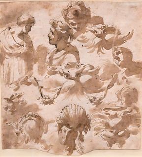 Ubaldo Gandolfi (1728 - 1781), Studies of Heads and Grotesque Ornaments, pen and brown ink and wash over black chalk, inscribed on back, 8 1/2" x 8". 