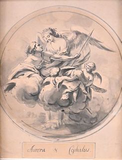 Attributed to Thomas Stothard (British, 1755 - 1834), Aurora and Cephalus, pen and ink and grey wash, diameter 6 inches, sheet size 7 1/2" x 6 3/4". P