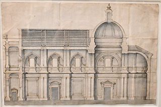 Continental School, 18th century, longitudinal section of a church with narthex, nave, dome and apse; pen and brown ink with blue grey wash, 10 7/8" x