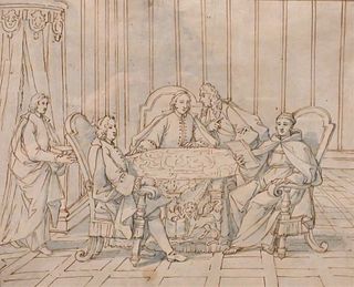 Venetian School, 18th century, A Venetian Conversation, pen and brown ink with blue wash on cream paper, 10 1/8" x 12 1/4". Provenance: Purchased by P