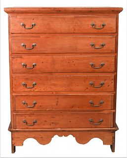 Queen Anne Cherry Tall Chest, having cornice molding over six drawers, bail handles over highly scalloped skirt, set on boot jack ends, circa 1750, he