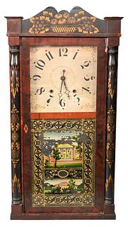 George Mitchell Federal Two-Part Shelf Clock, having reverse painted glass door, height 30 1/2 inches, width 16 1/2 inches.