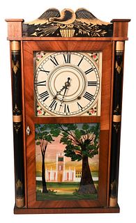 Silas Hoadley, Plymouth, Connecticut, two part shelf clock, having reverse painted bottom panel, height 31 inches.