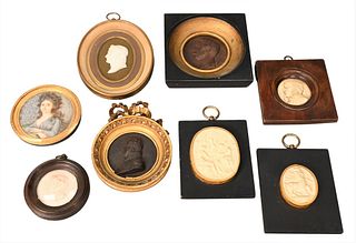 Eight Piece Lot, to include a classical head signed Andried F., 19th century; an ivory bust signed Wagner; two metal mini plaques; a mini painting; et