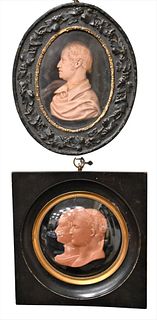 Three Wax Relief Portrait Plaques, to include a double portrait signed illegibly, diameter 6 inches; along with a Cartl Hettler classical bust of Ludw